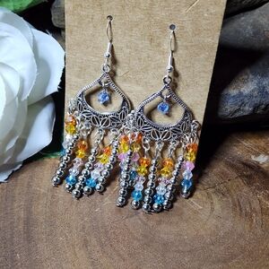 Hand Crafted Boho Silver Toned Earrings  With Multicolored Glass Cystal Beads